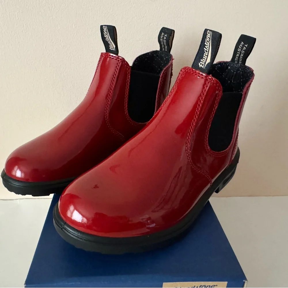 Blundstone Red Low-Heel Chelsea  shiny red patent leather boot. 2253. 3, 4